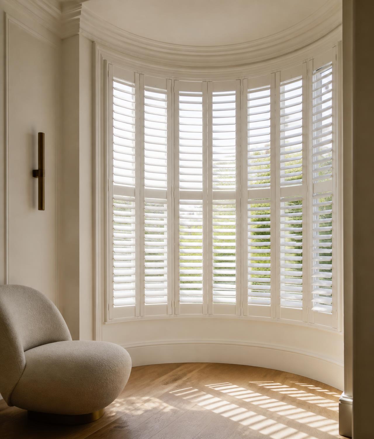 White plantation shutters fitted to a curved bay window