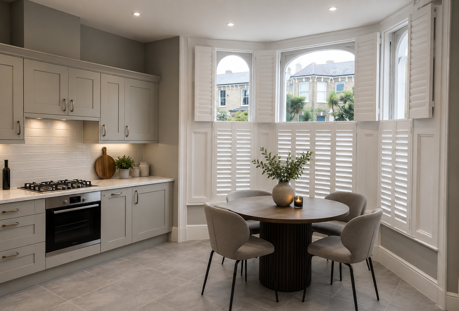 White tier-on-tier plantation shutters fitted to an arched bay window in a grey kitchen dining area