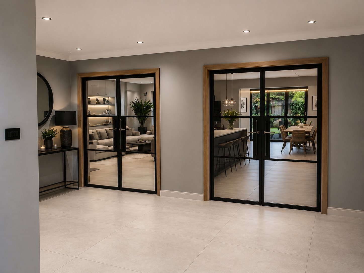 Two sets of black slimline steel French doors connecting a kitchen, dining room and living space