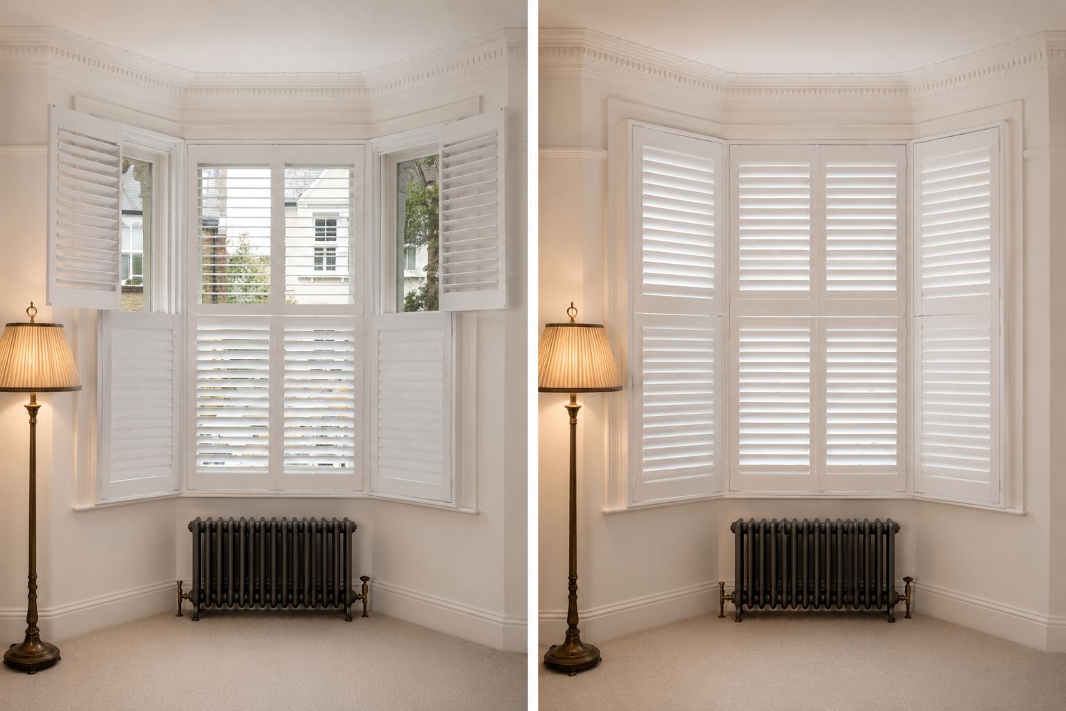Tier-on-tier shutters in a period bay window shown with the upper tier open and then fully closed