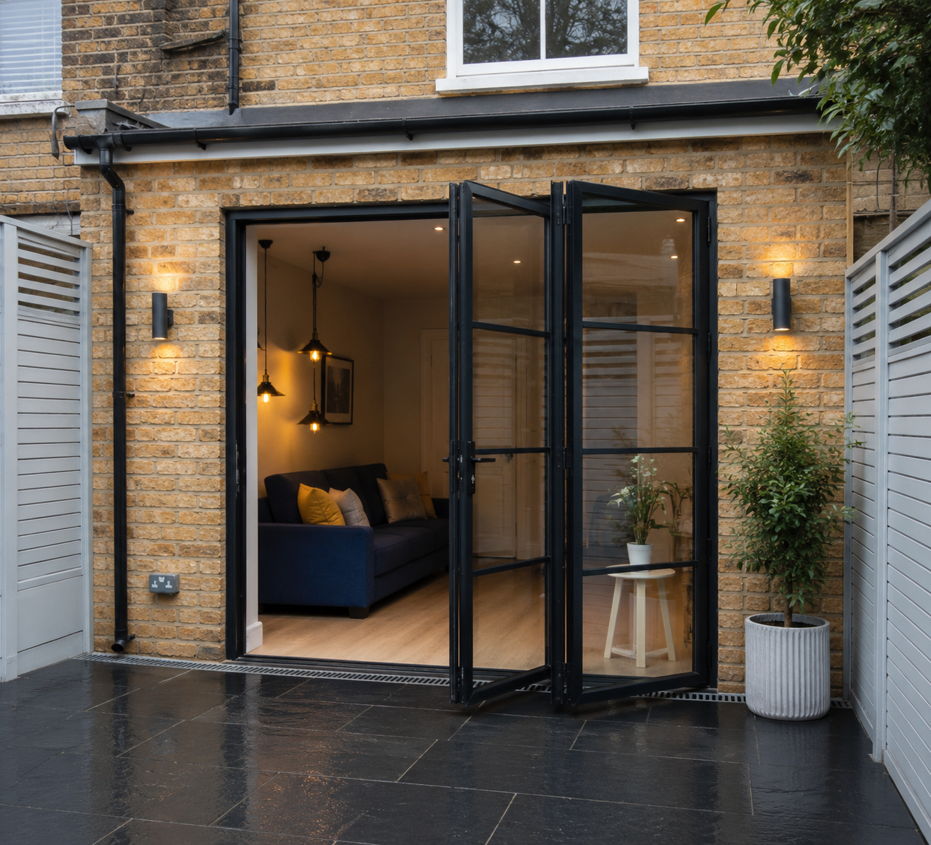 Black steel folding doors opening a contemporary brick house onto a dark tiled terrace